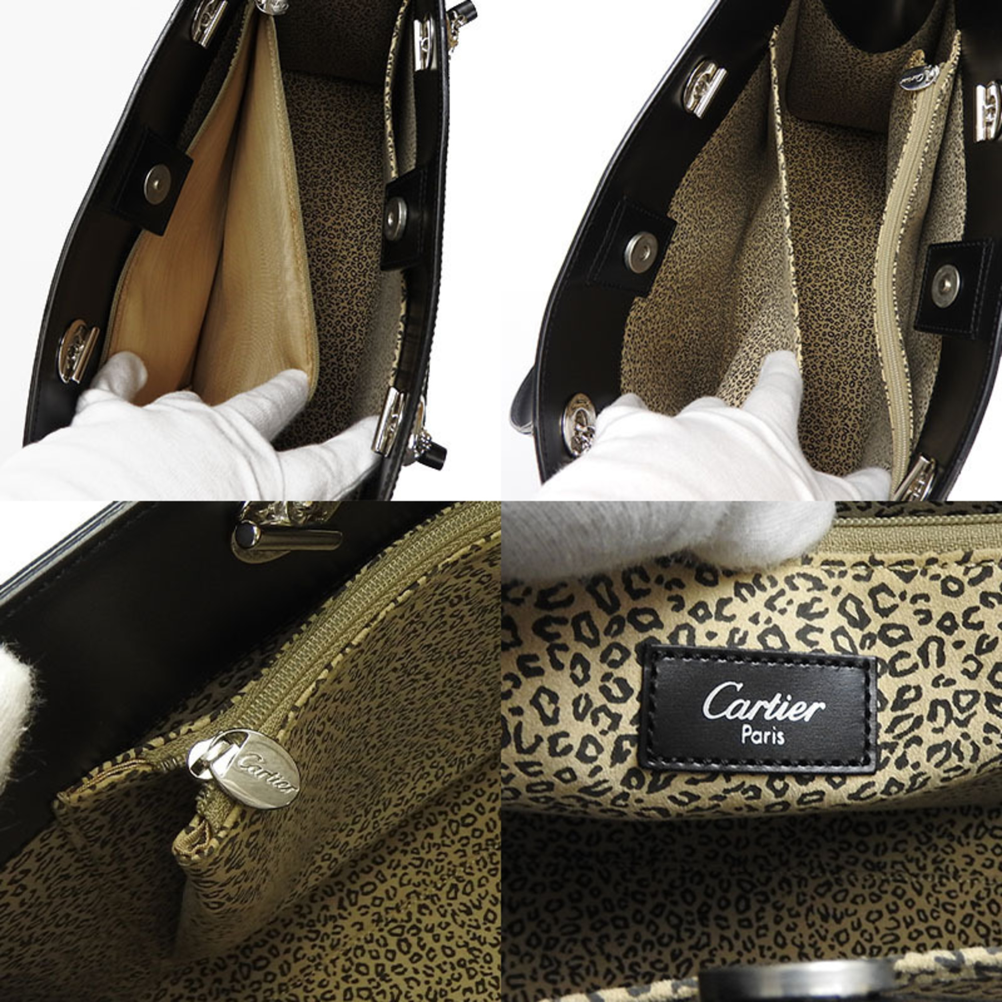 Cartier L100360 Panther Tote Bag Leather Black Silver Hardware Leopard Ladies Popular USED