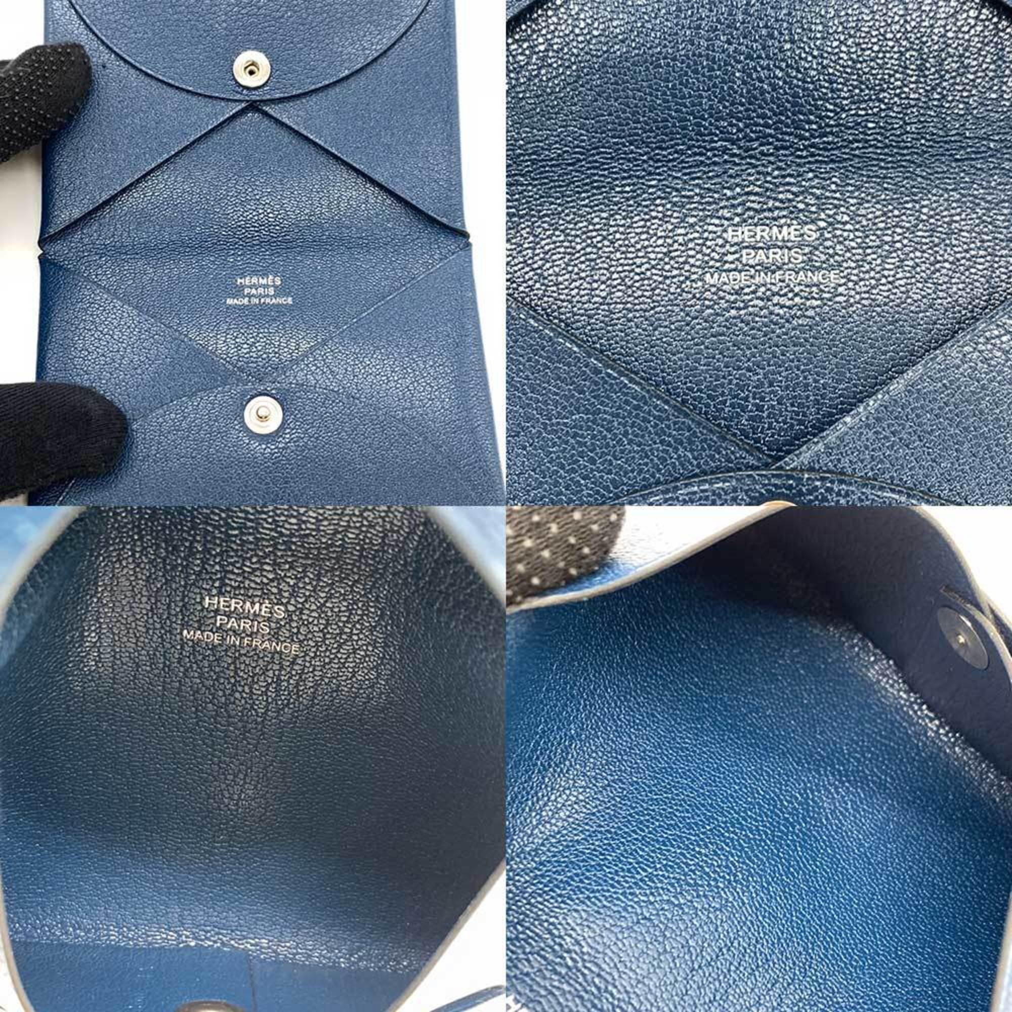 Hermes Accessories Calvi Blue Navy Card Case Business Holder Bifold Square Ladies Men's Chevre Leather HERMES