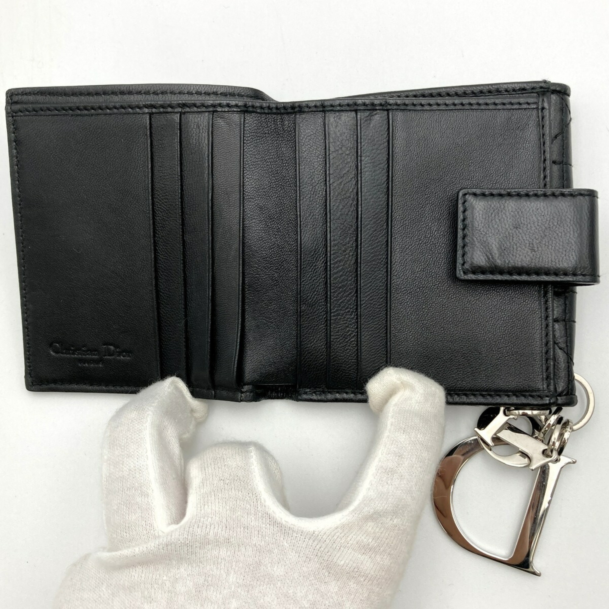 Christian Dior Cannage Bifold Wallet Black Leather Calfskin Charm Women's