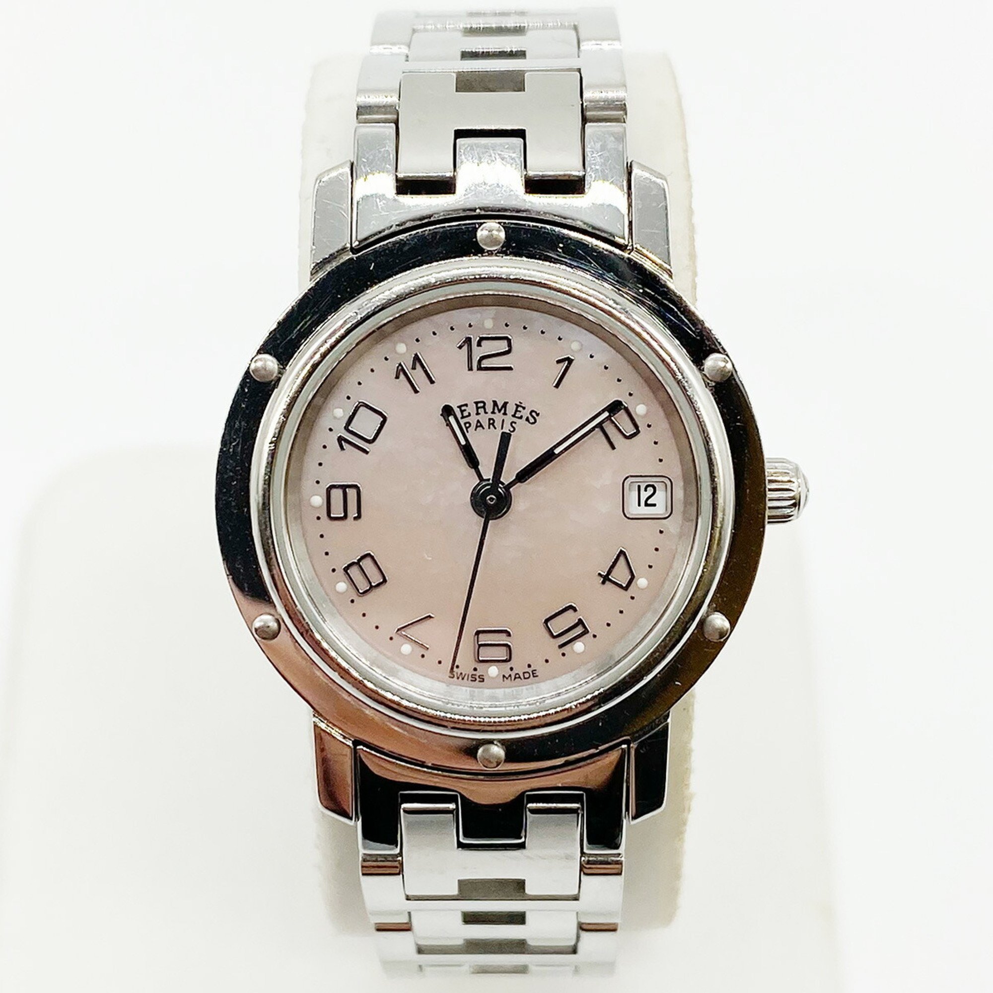 HERMES Watch CL4.210 Clipper Quartz Pink Shell Stainless Steel Dial Ladies Fashion
