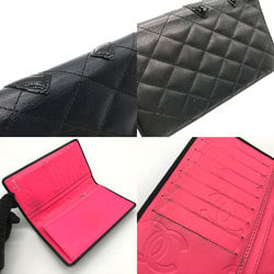 CHANEL Cambon Line Black Bifold Long Wallet Pink