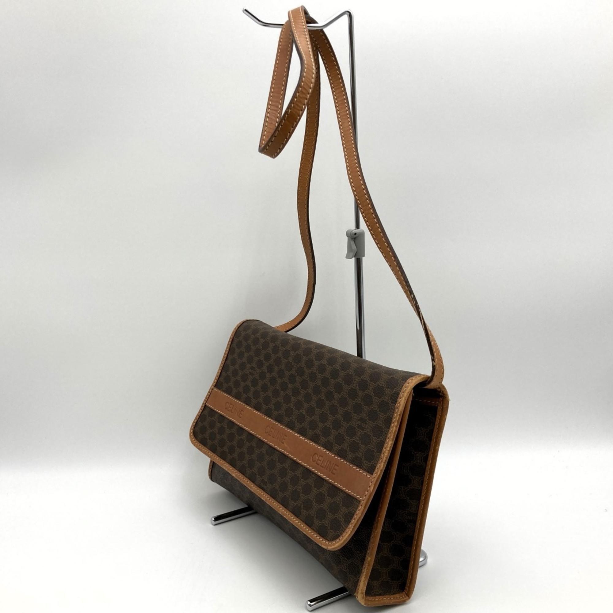 CELINE Macadam Shoulder Bag Crossbody Brown PVC Women's Fashion Vintage M07