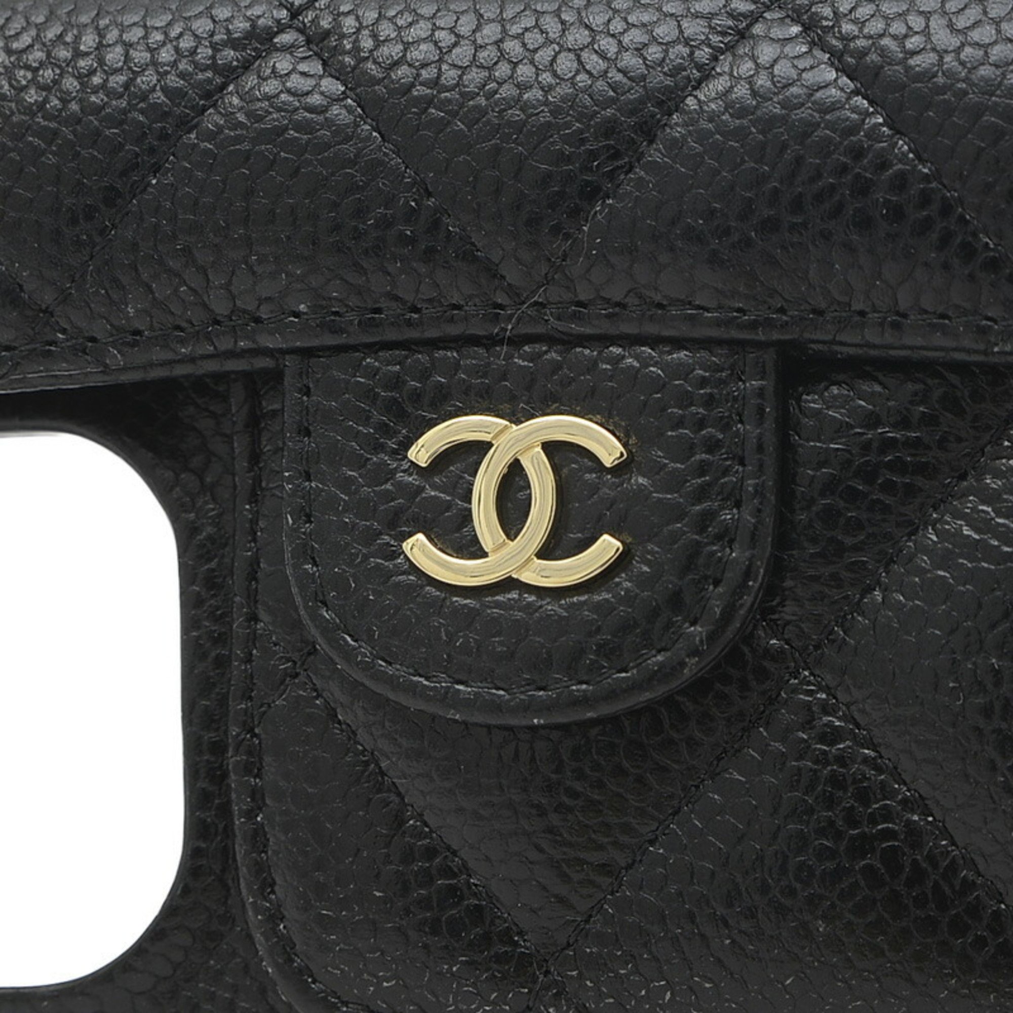 Chanel Matelasse iPhone Case 13pro Smartphone Shoulder Caviar Black AP2689