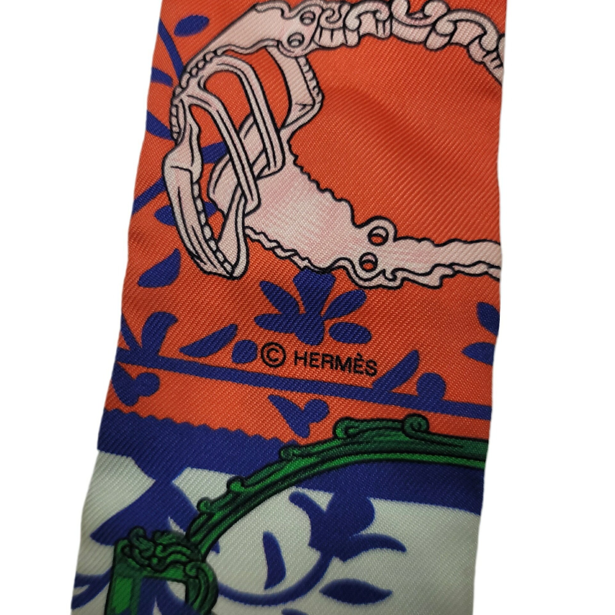 HERMES Twilly ETRIERS REMIX Blue Orange Scarf Muffler Silk Collar Accessories Bag Ladies Men's Unisex