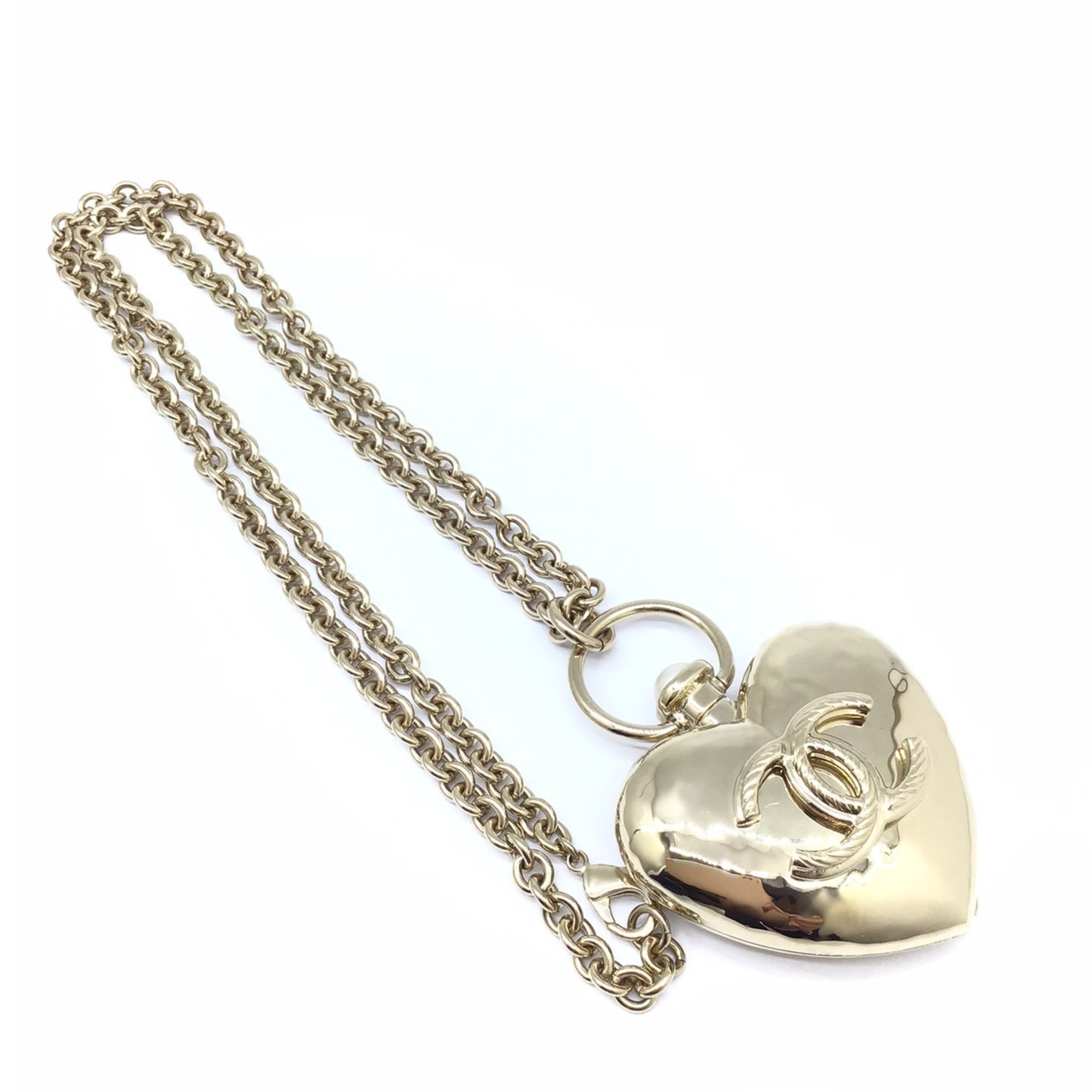 CHANEL Heart Necklace Locket B22 Champagne Gold GP Plated Long Coco Mark CC Accessories Women Men Unisex