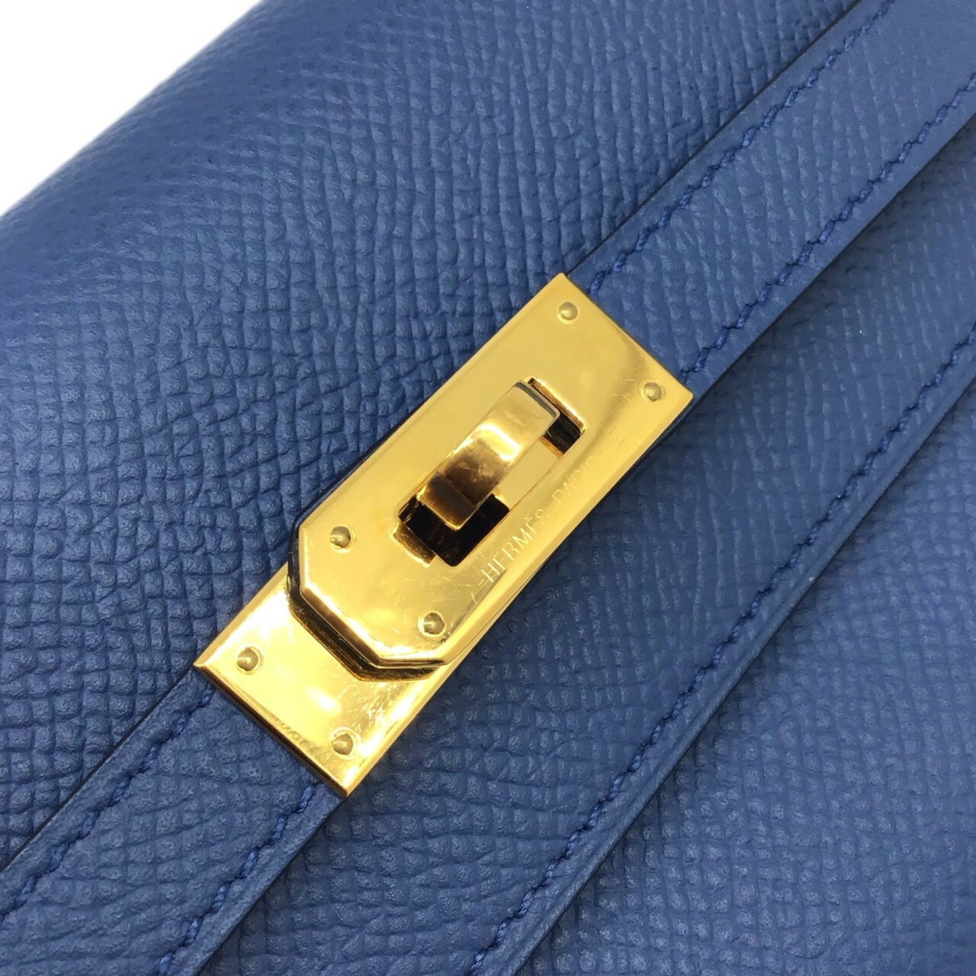 HERMES Hermes Kelly Wallet Medium Epson Blue Agat A Engraved 2017 G Hardware Gold Compact Accessory Women's Men's Unisex