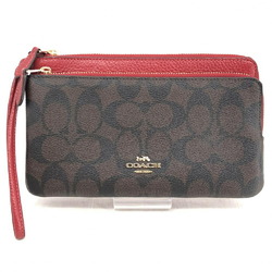 COACH Signature Pouch Wallet Red Brown Leather Coach