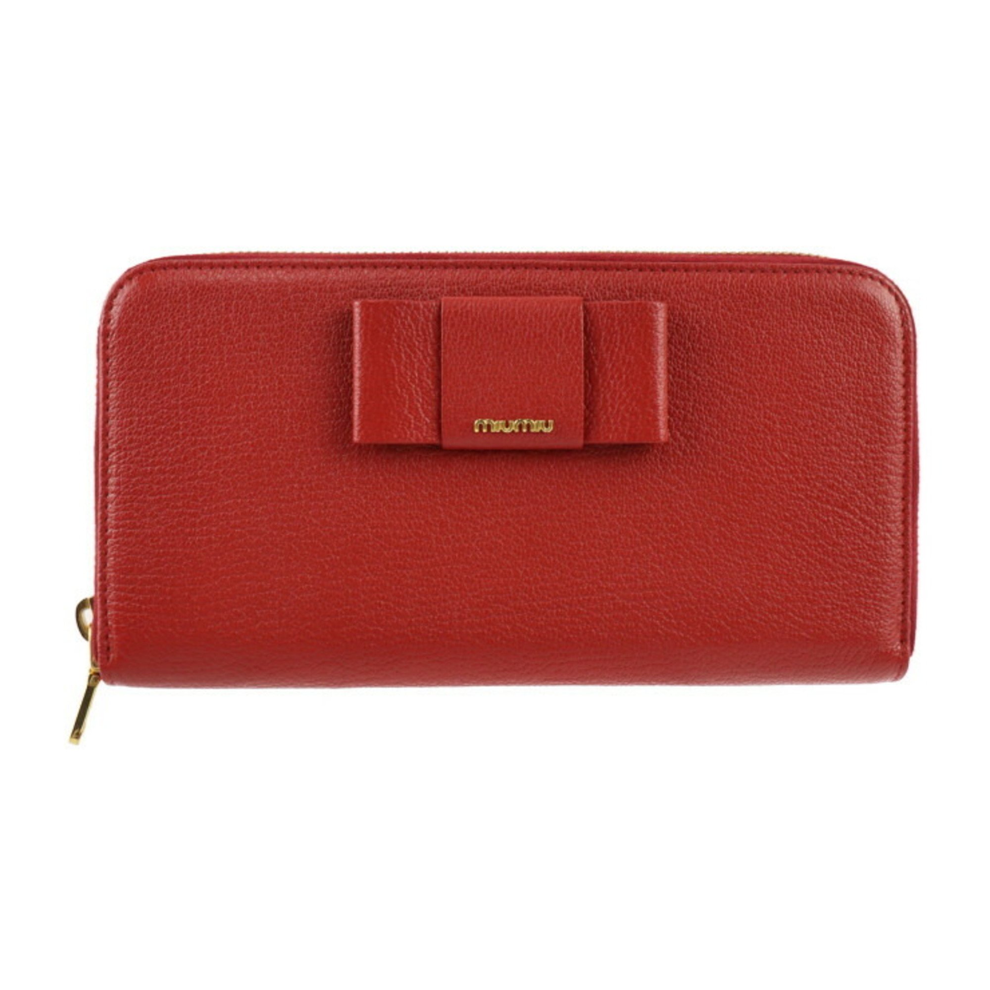 Miu Miu MIUMIU Long Wallet 5ML506 Leather FUOCO Red Gold Metal Fittings Round Zipper Ribbon