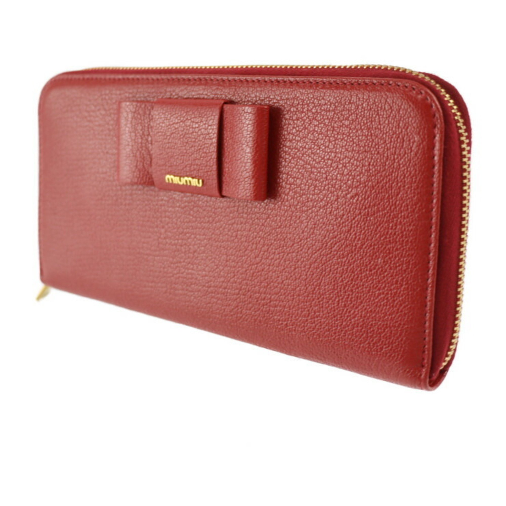 Miu Miu MIUMIU Long Wallet 5ML506 Leather FUOCO Red Gold Metal Fittings Round Zipper Ribbon