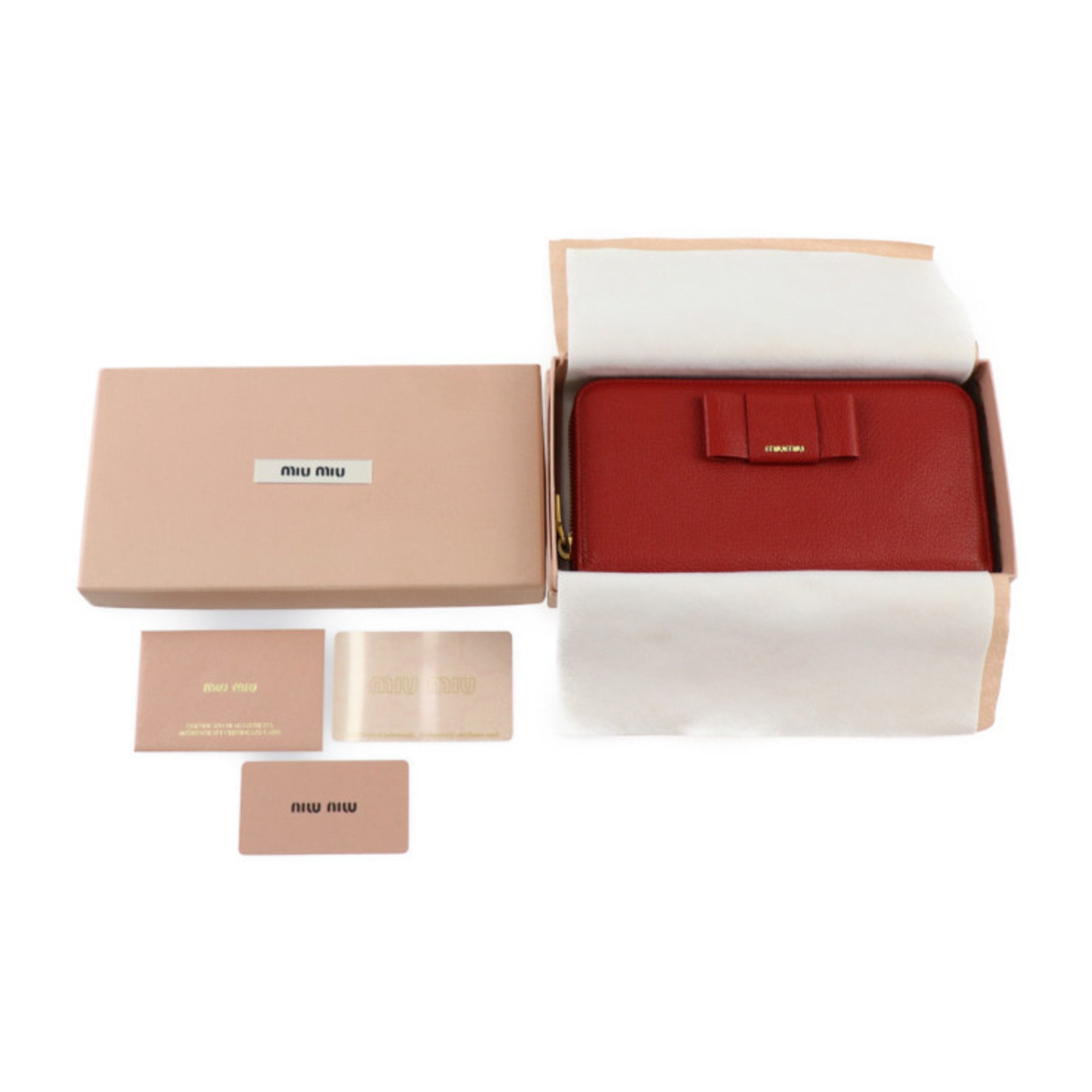 Miu Miu MIUMIU Long Wallet 5ML506 Leather FUOCO Red Gold Metal Fittings Round Zipper Ribbon