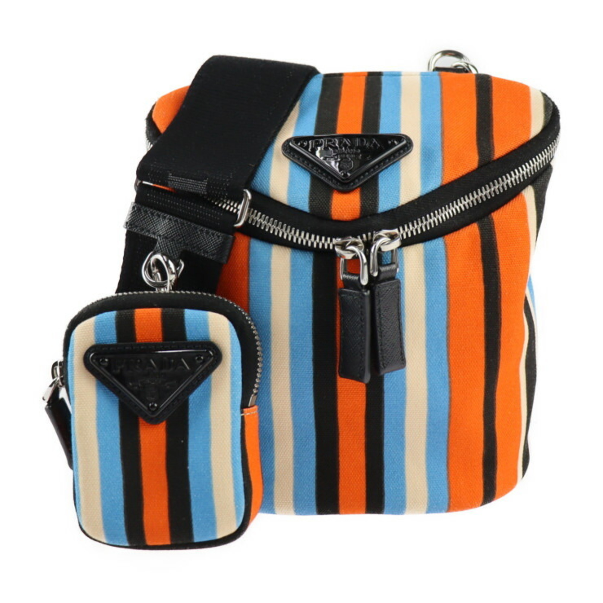 PRADA Shoulder Bag 2VH147 Canvas Leather Orange x Blue Ivory Black Silver  Hardware Pouch Included Pochette Triangle Logo Stripe | eLADY Globazone