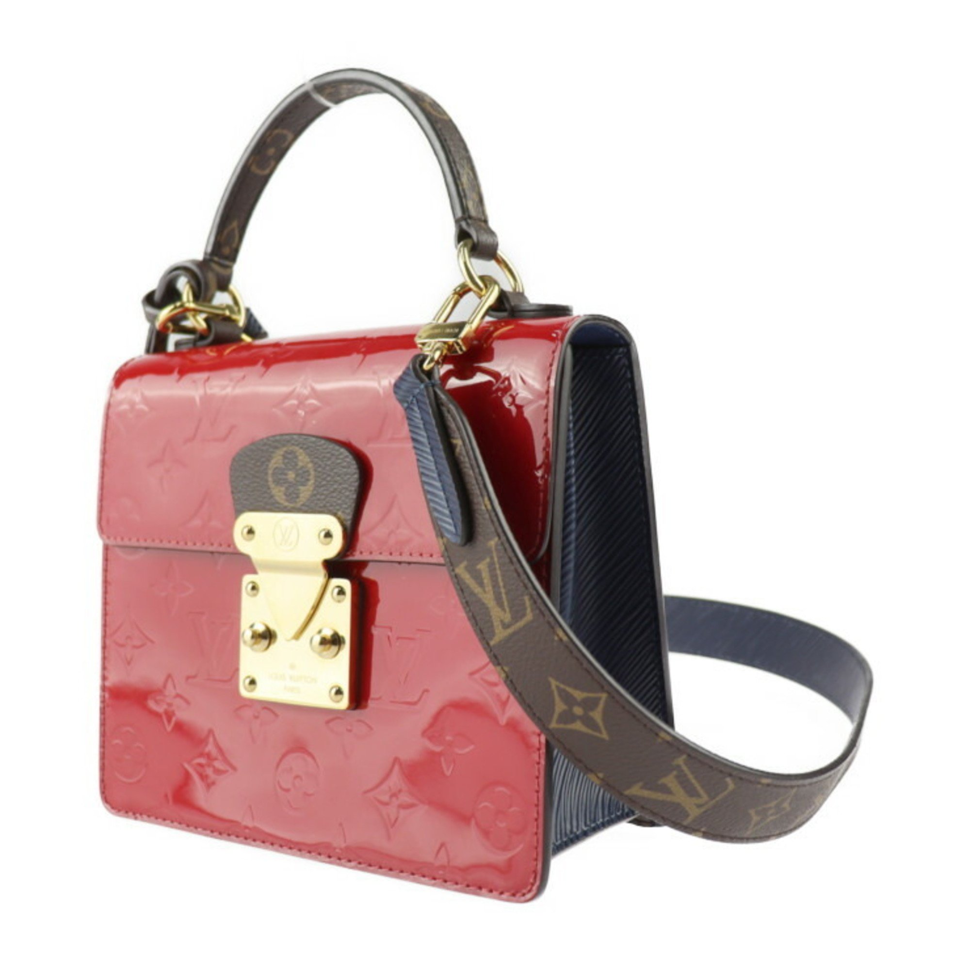 LOUIS VUITTON Spring Street PM Handbag M90505 Vernis x Epi Monogram Canvas Scarlet Blue Brown Gold Hardware 2WAY Shoulder Bag