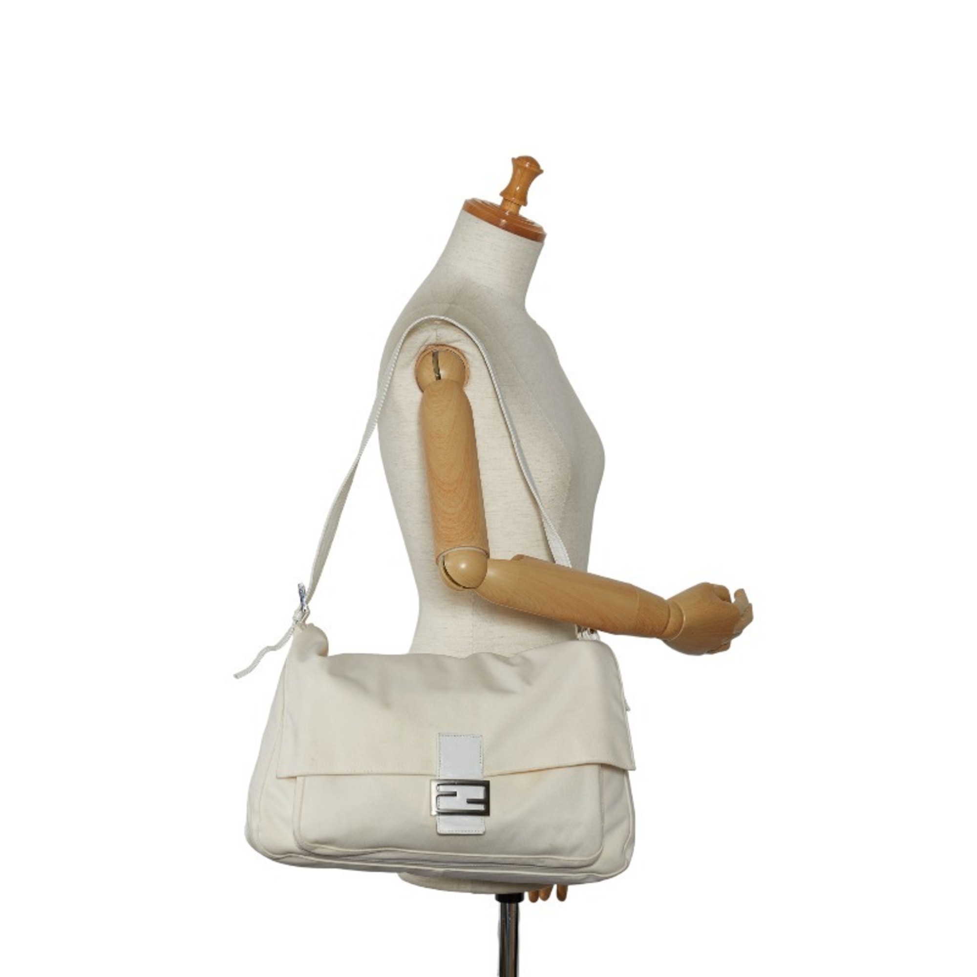 FENDI Mamma Bucket Shoulder Bag White Canvas Leather Women's