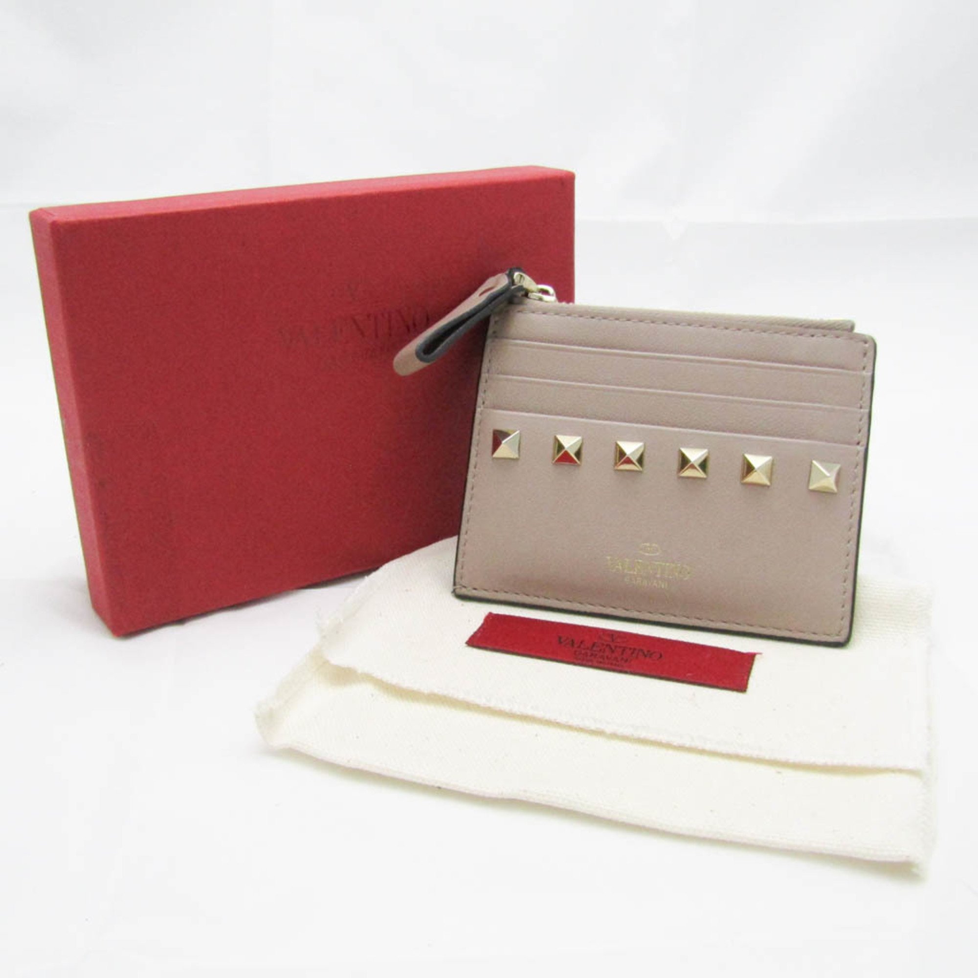 Valentino Garavani Lockstuds TW2P0T35BOL Leather Card Case Pink Beige