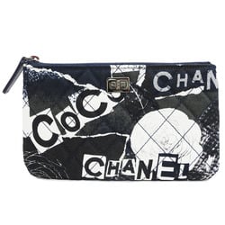 CHANEL 2.55 Quilted Pouch Navy Cotton Canvas Camellia Pattern Women's Flat