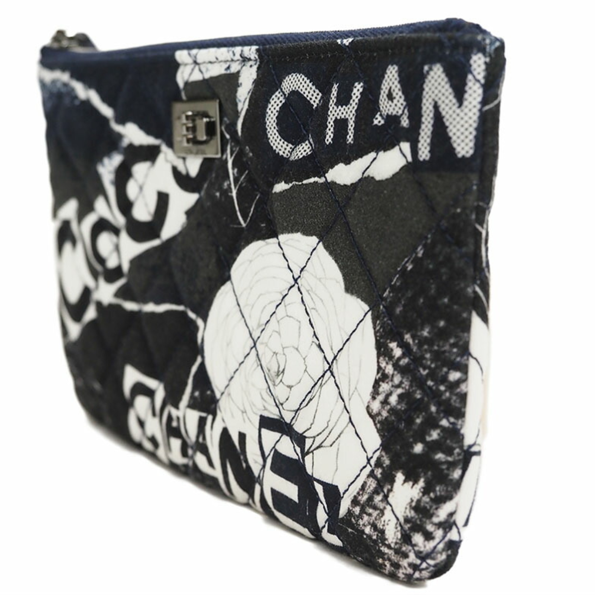 CHANEL 2.55 Quilted Pouch Navy Cotton Canvas Camellia Pattern Women's Flat