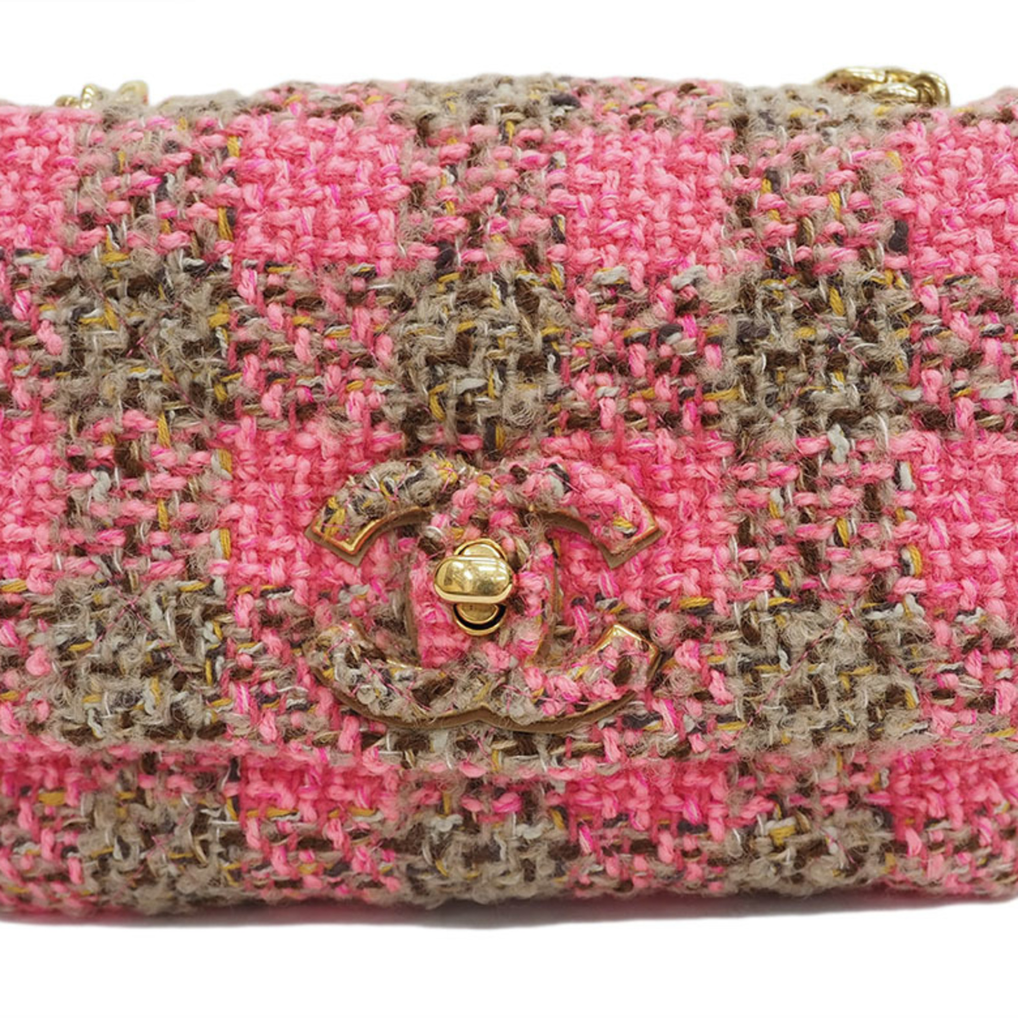 CHANEL Tweed Flap Bag Chain Shoulder Pink Gold Ladies Check Small