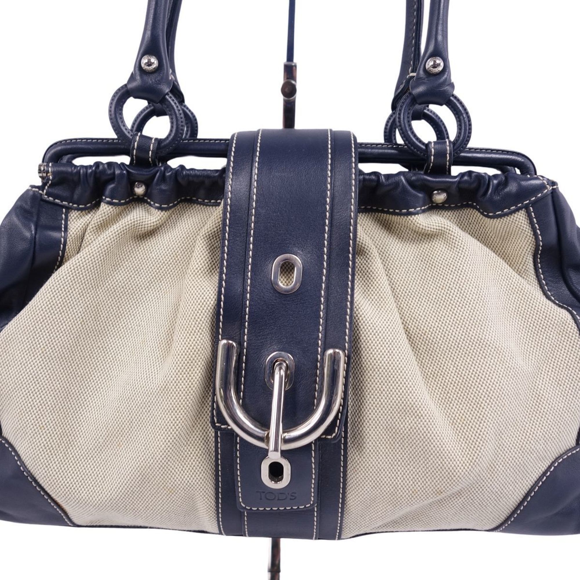 TOD'S Handbag Tote Bag Canvas Calf Leather Women's Navy