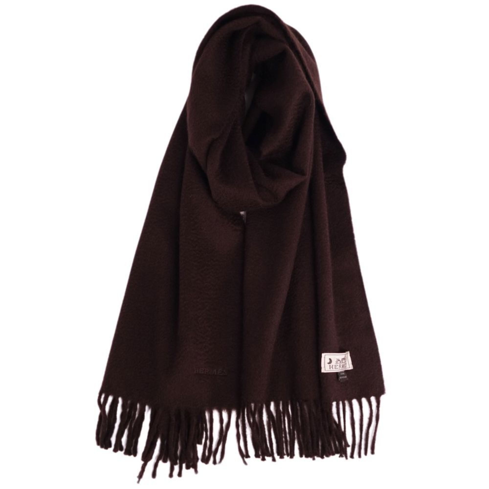 HERMES scarf 100% cashmere embroidery men's women's dark brown