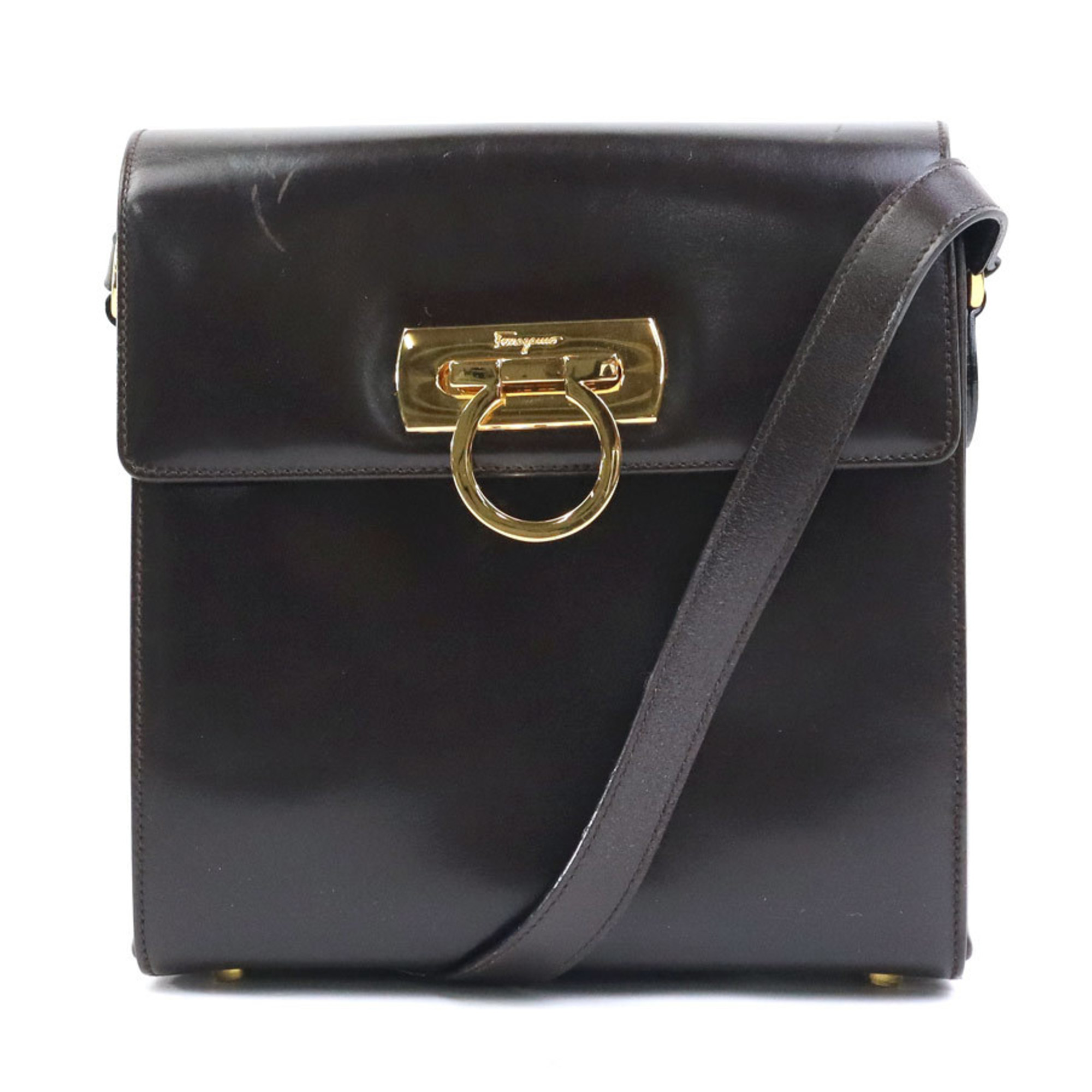 Salvatore Ferragamo Crossbody Shoulder Bag Gancini Leather Dark Brown Gold Ladies