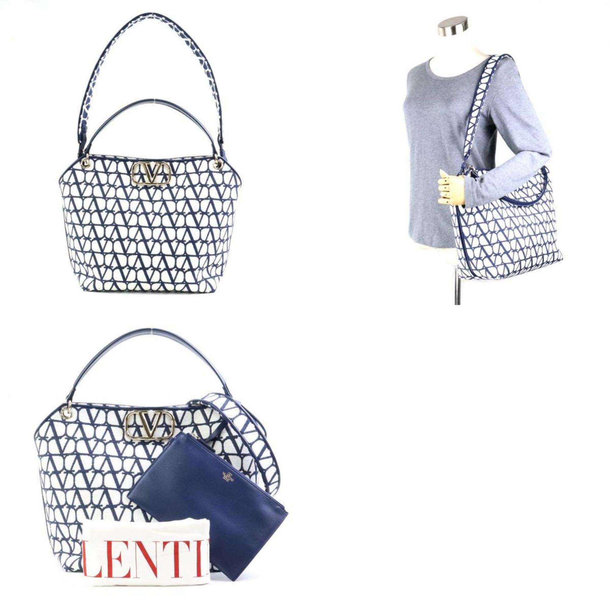 Valentino Garavani Handbag Shoulder Bag Toile Iconograph Canvas/Leather Navy x White Ladies