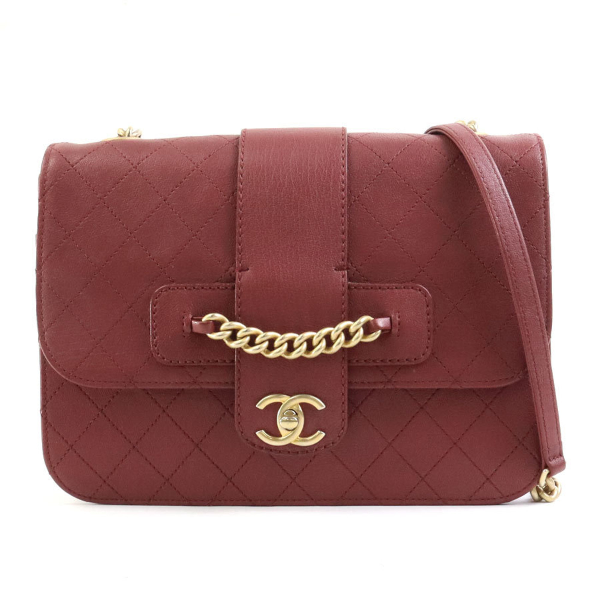 CHANEL Crossbody Shoulder Bag Matelasse Coco Mark Leather/Metal Burgundy/Gold Women's