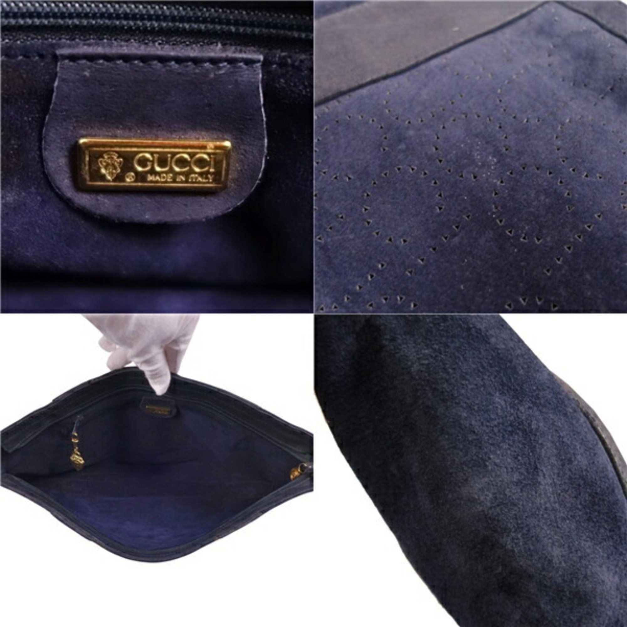 GUCCI bag clutch second punching suede leather men's women's navy