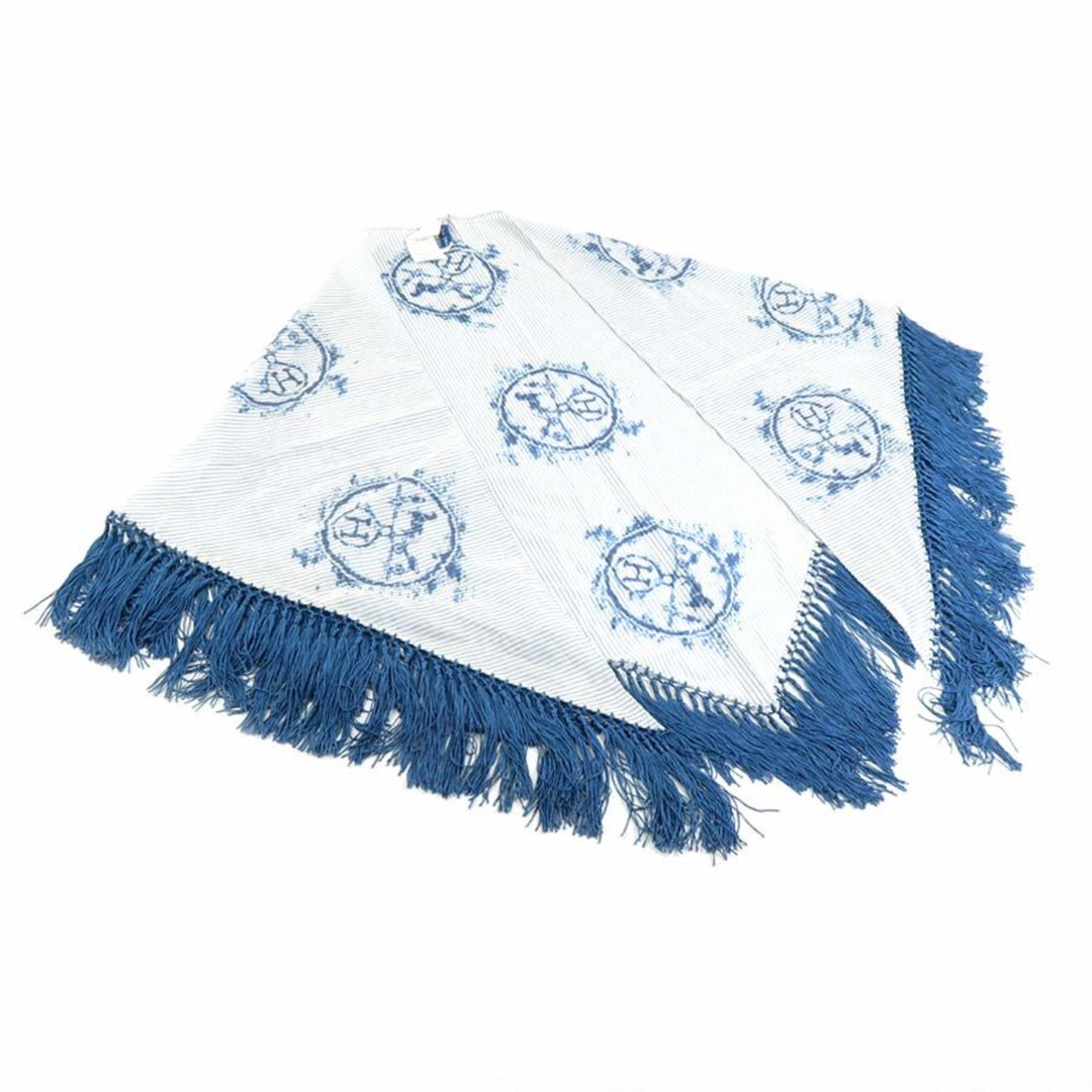 HERMES Scarf Muffler Fringe Cotton/Rayon Blue/White Ladies