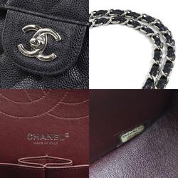 CHANEL Shoulder Bag Matelasse Double Flap Chain Caviar Skin Leather Black Silver Ladies A58600