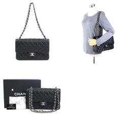 CHANEL Shoulder Bag Matelasse Double Flap Chain Caviar Skin Leather Black Silver Ladies A58600