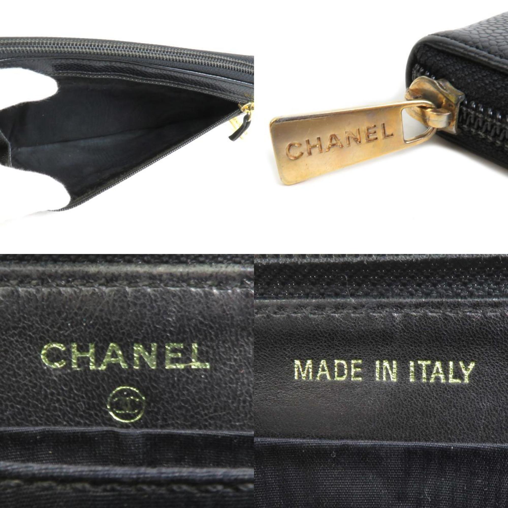 CHANEL Round Zipper Long Wallet Coco Mark Caviar Skin Leather Black Gold Women's