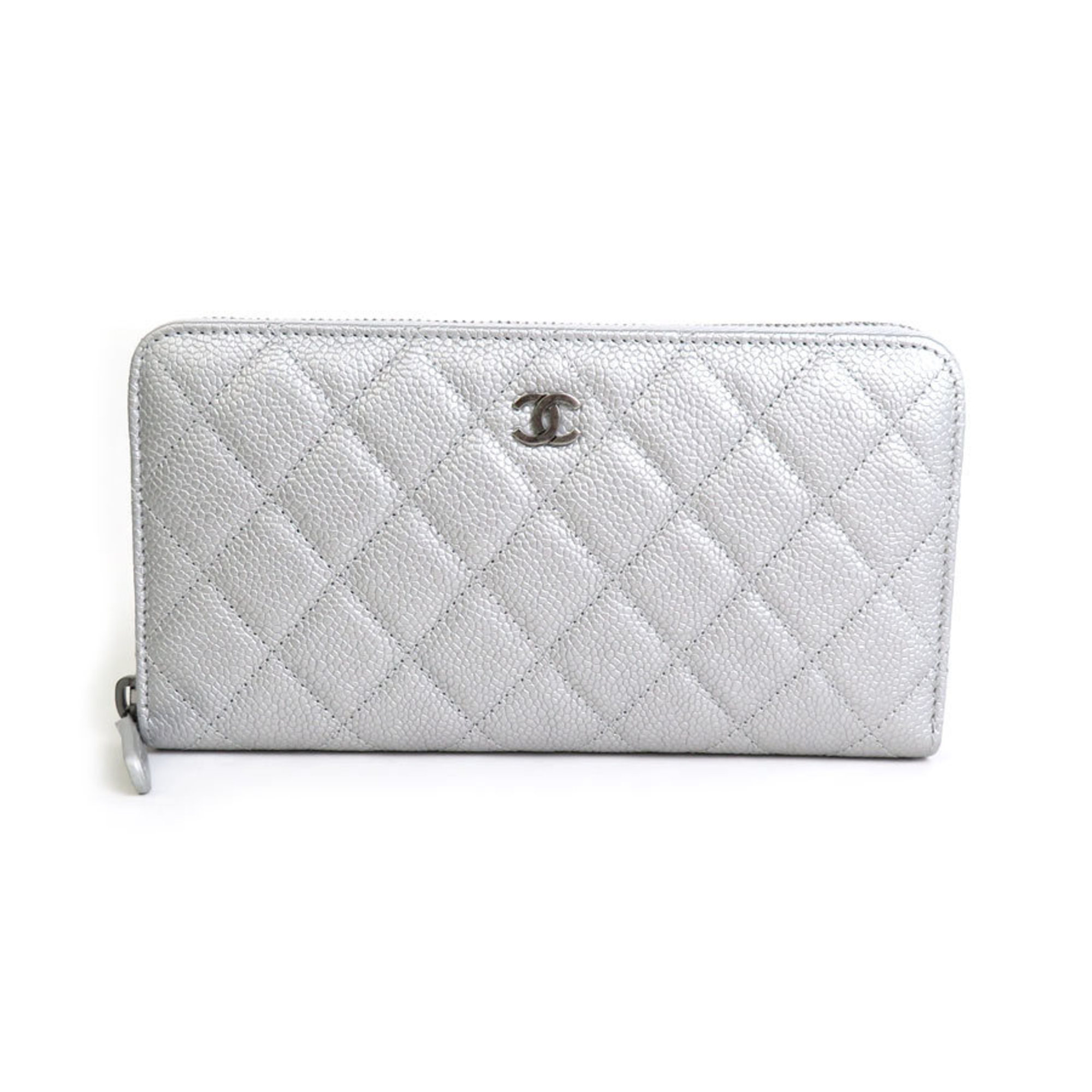 CHANEL Round Zipper Long Wallet Matelasse Caviar Skin Leather Silver Unisex