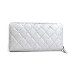 CHANEL Round Zipper Long Wallet Matelasse Caviar Skin Leather Silver Unisex