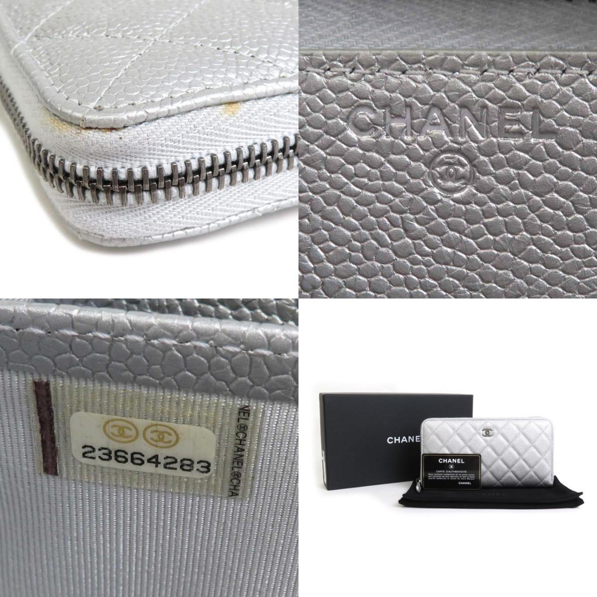 CHANEL Round Zipper Long Wallet Matelasse Caviar Skin Leather Silver Unisex