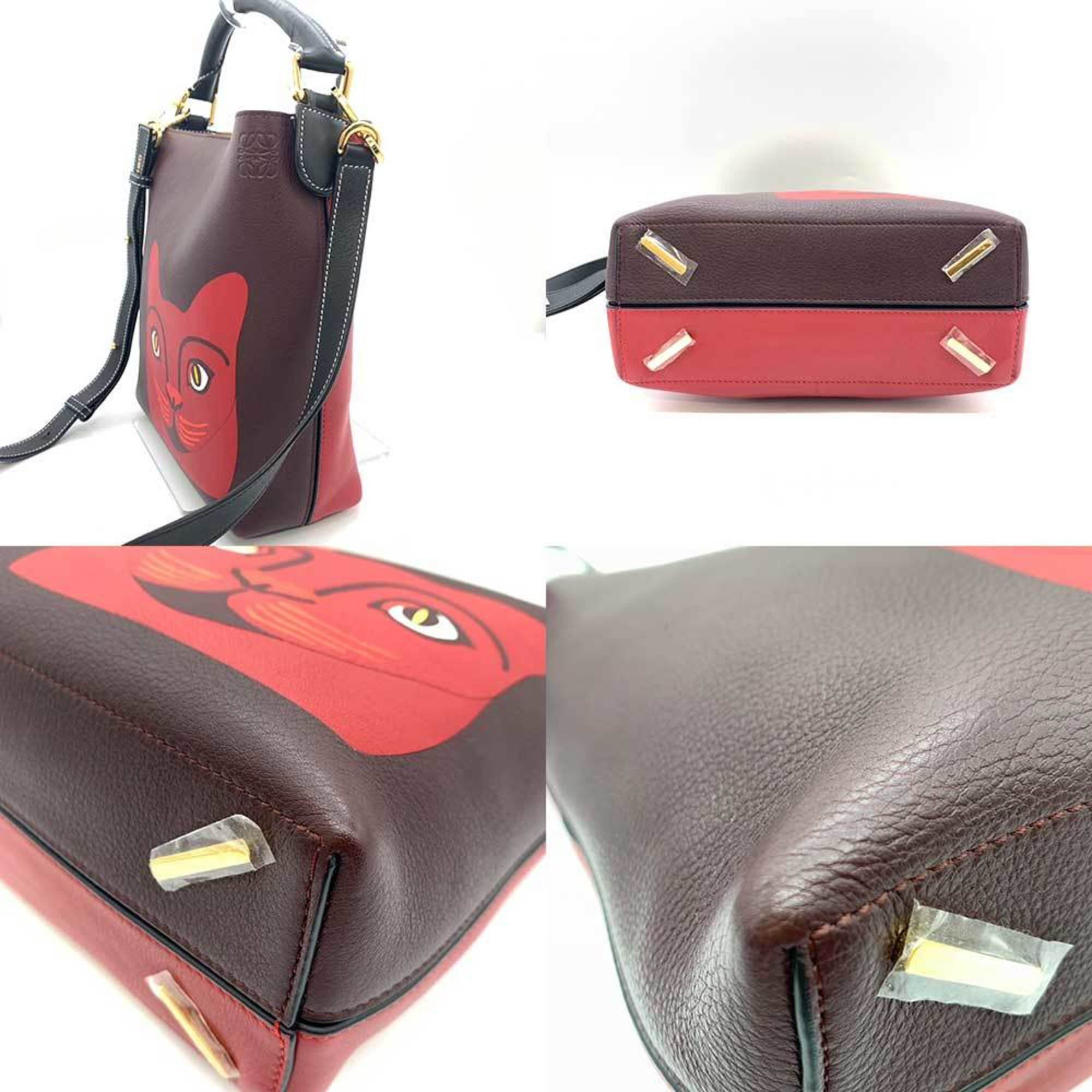 LOEWE Bag T Bucket Red Brown Bordeaux x Black Handbag Shoulder One Handle Anagram Cat Print Ladies Calf Leather