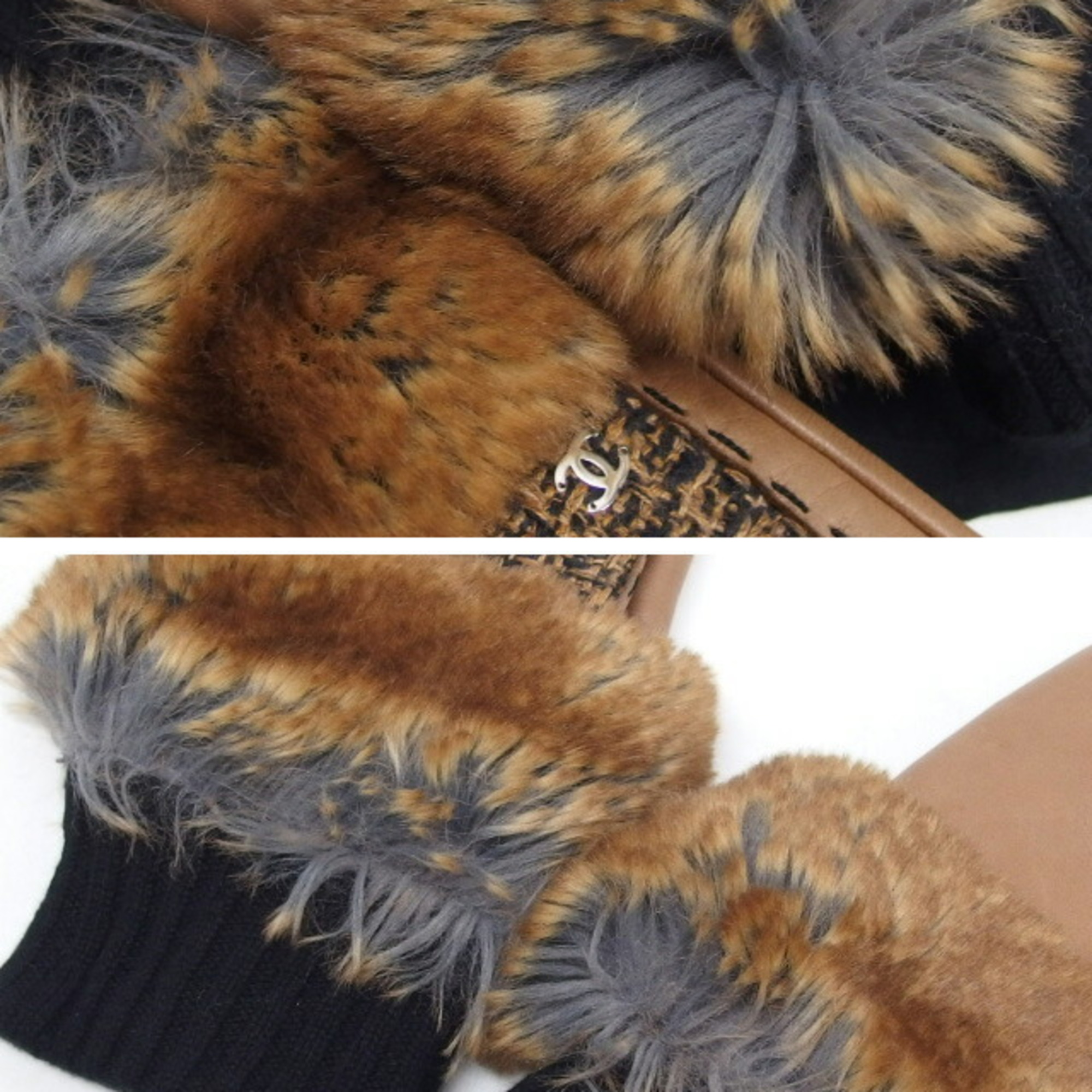Chanel fur tweed mitten gloves size 7.5