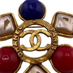 CHANEL Colored Stone Fake Pearl 28 Vintage Coco Mark Brooch Gold Unisex