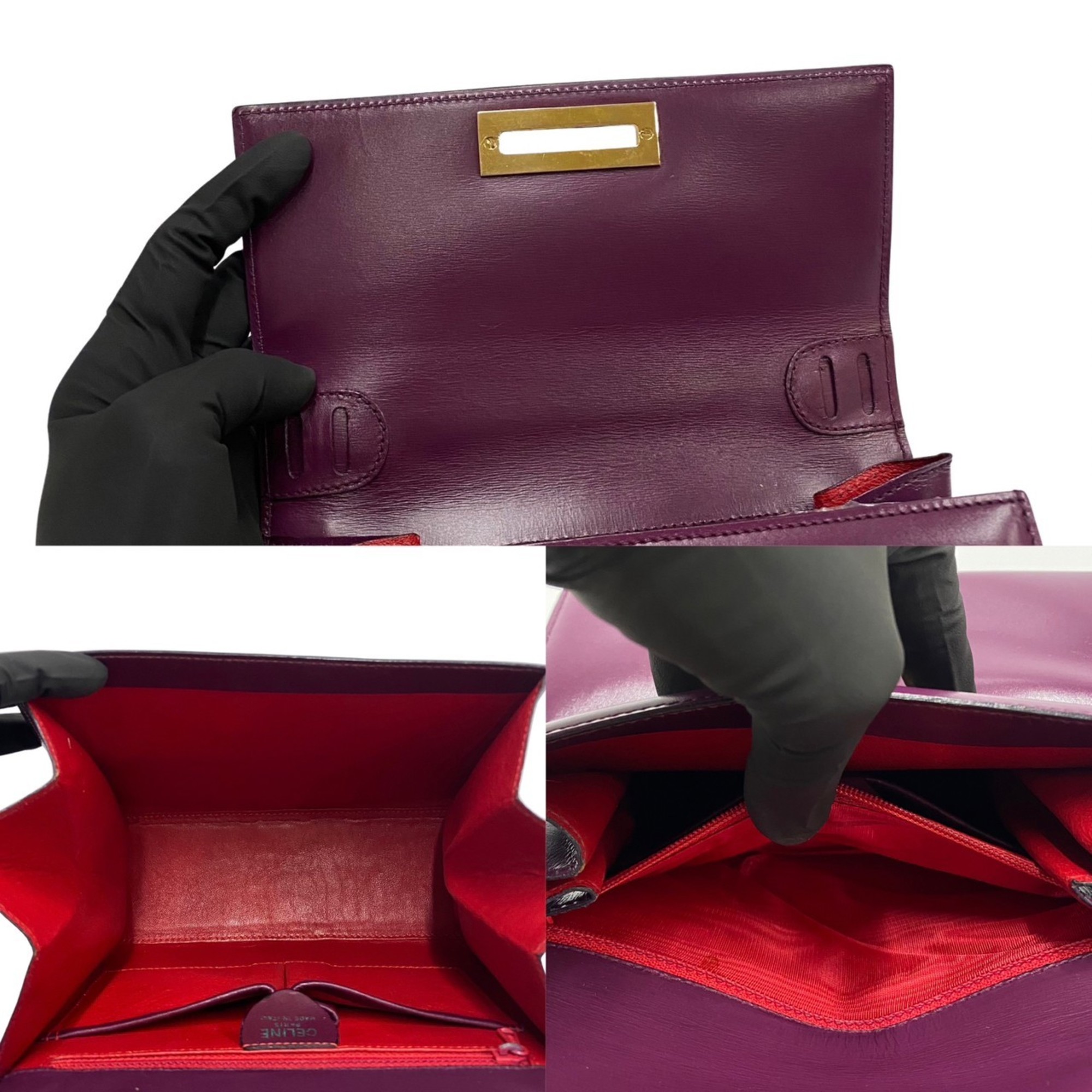 CELINE Vintage Logo Hardware Leather Genuine 2way Handbag Shoulder Bag Purple