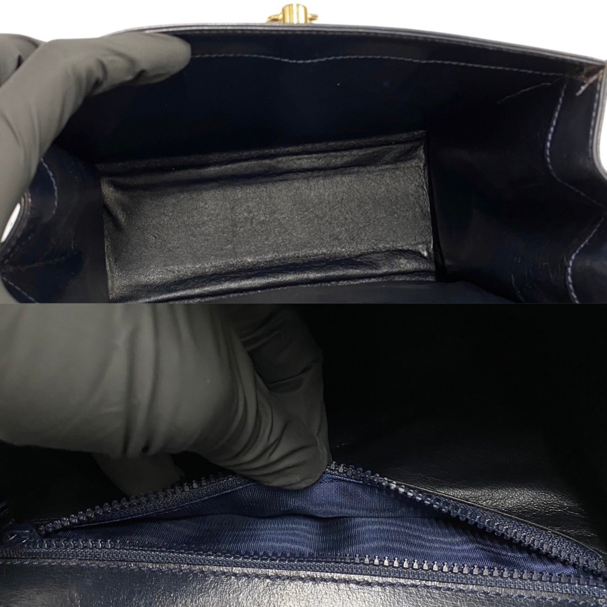 CELINE Vintage Logo Ring Metal Fittings Calf Leather Genuine 2way Handbag Shoulder Bag Navy