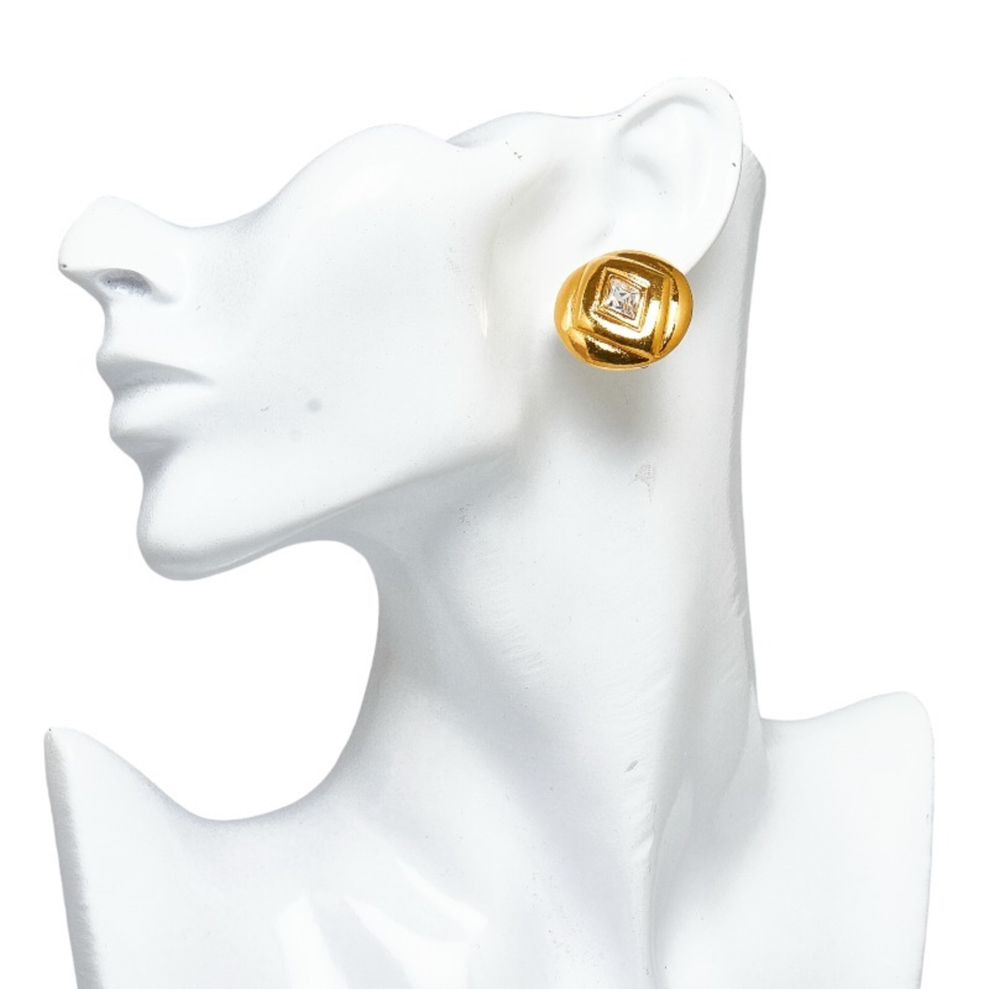 CHANEL Round Diamond Rhinestone Earrings Gold Plated Women's