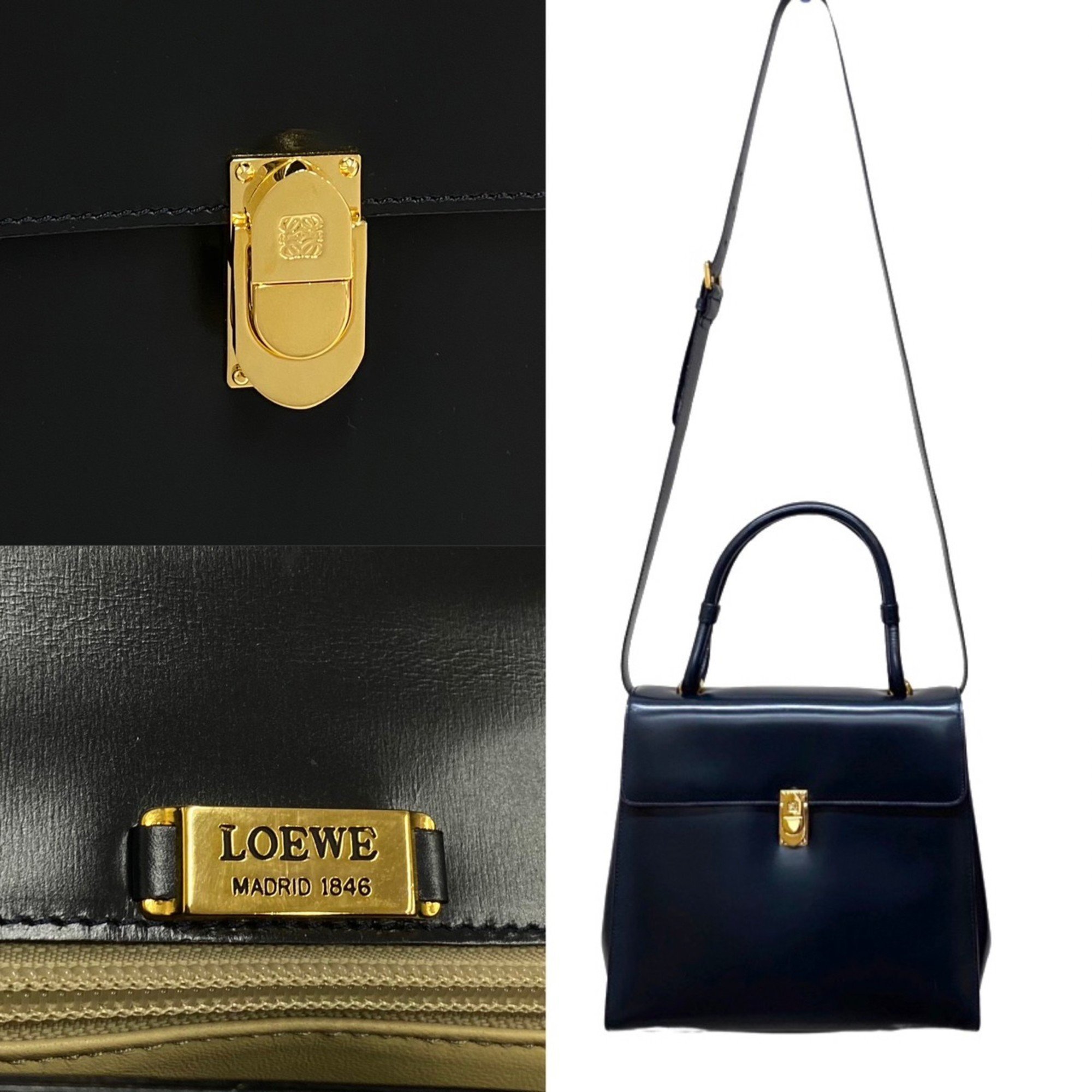 LOEWE Vintage Anagram Logo Metal Fittings Calf Leather 2way Handbag Shoulder Bag Navy