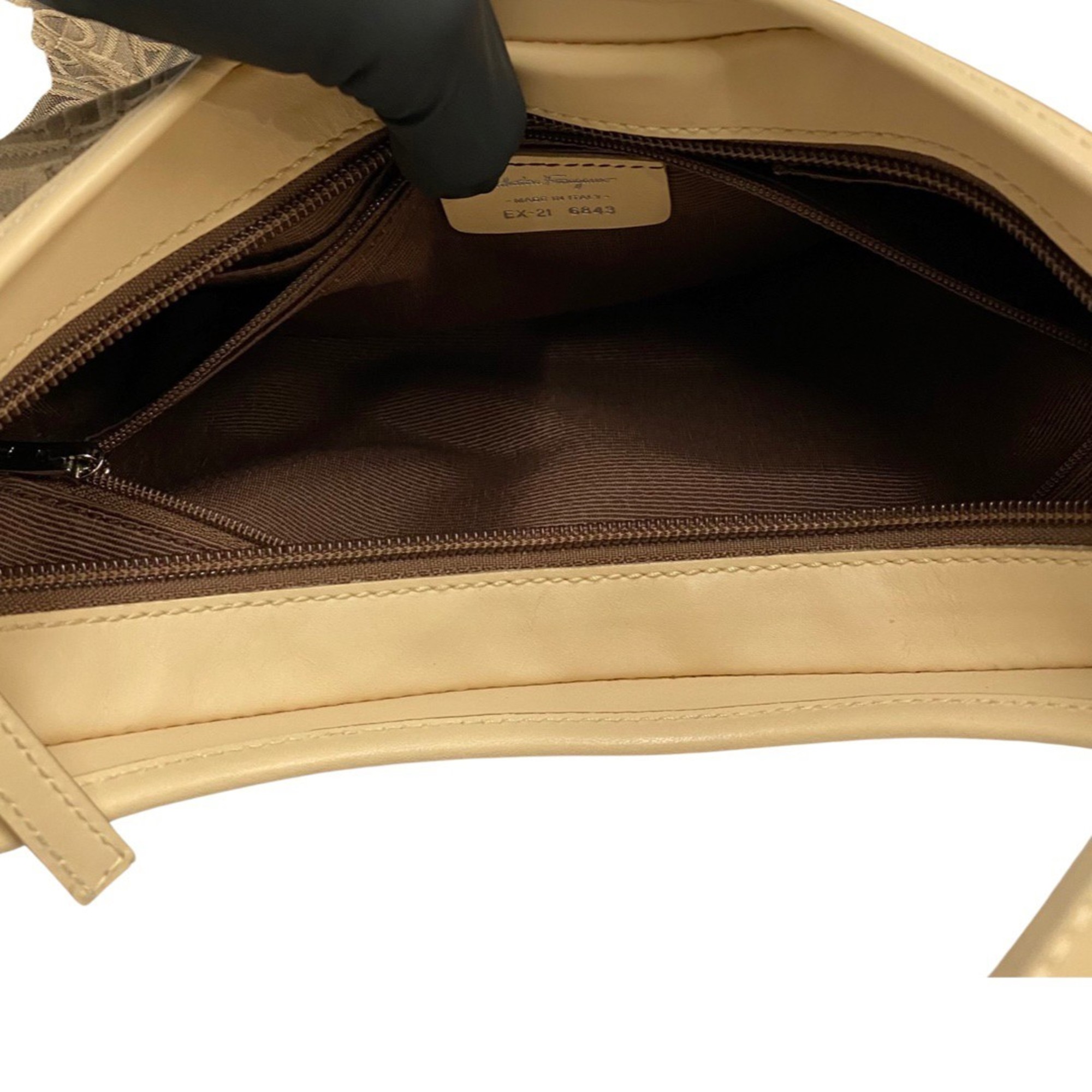 Salvatore Ferragamo Gancini Hardware Leather Nylon Handbag Brown