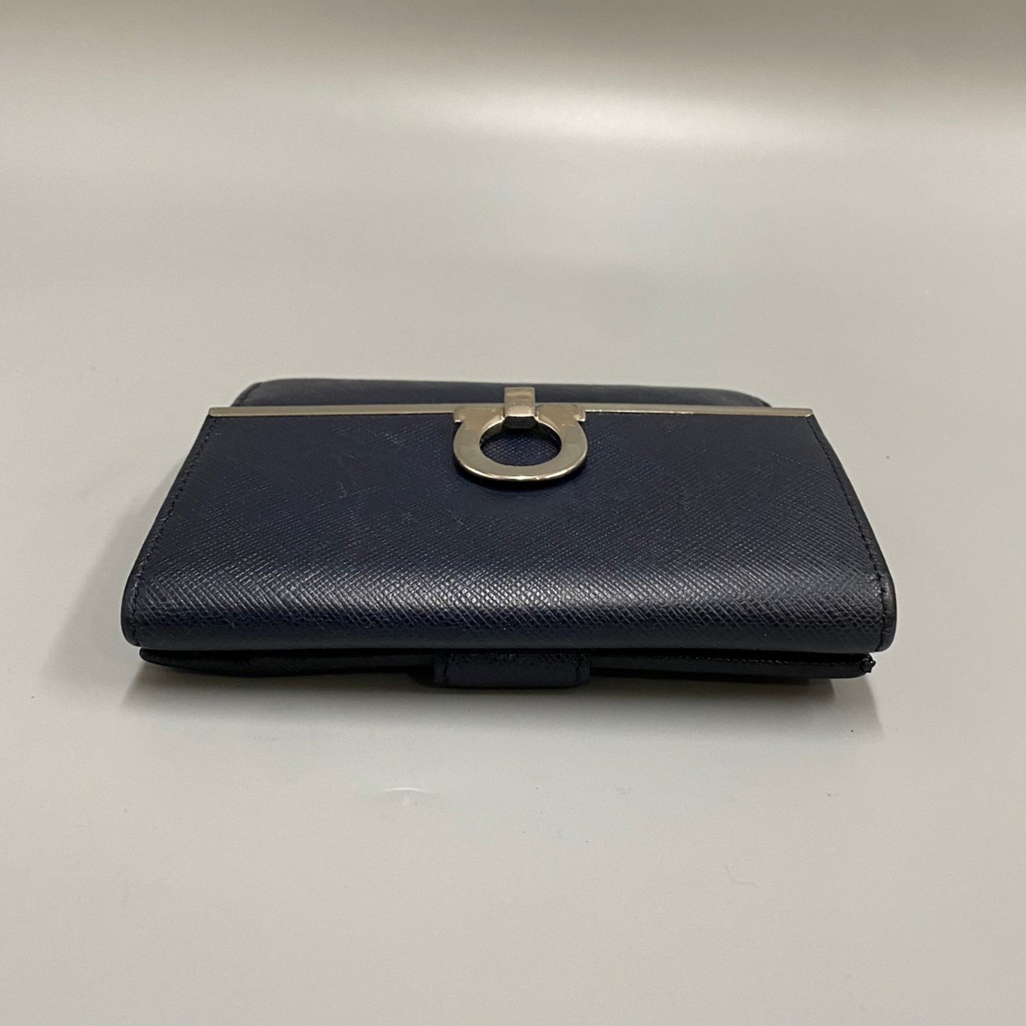 Salvatore Ferragamo Gancini Leather Genuine Trifold Wallet Mini Navy