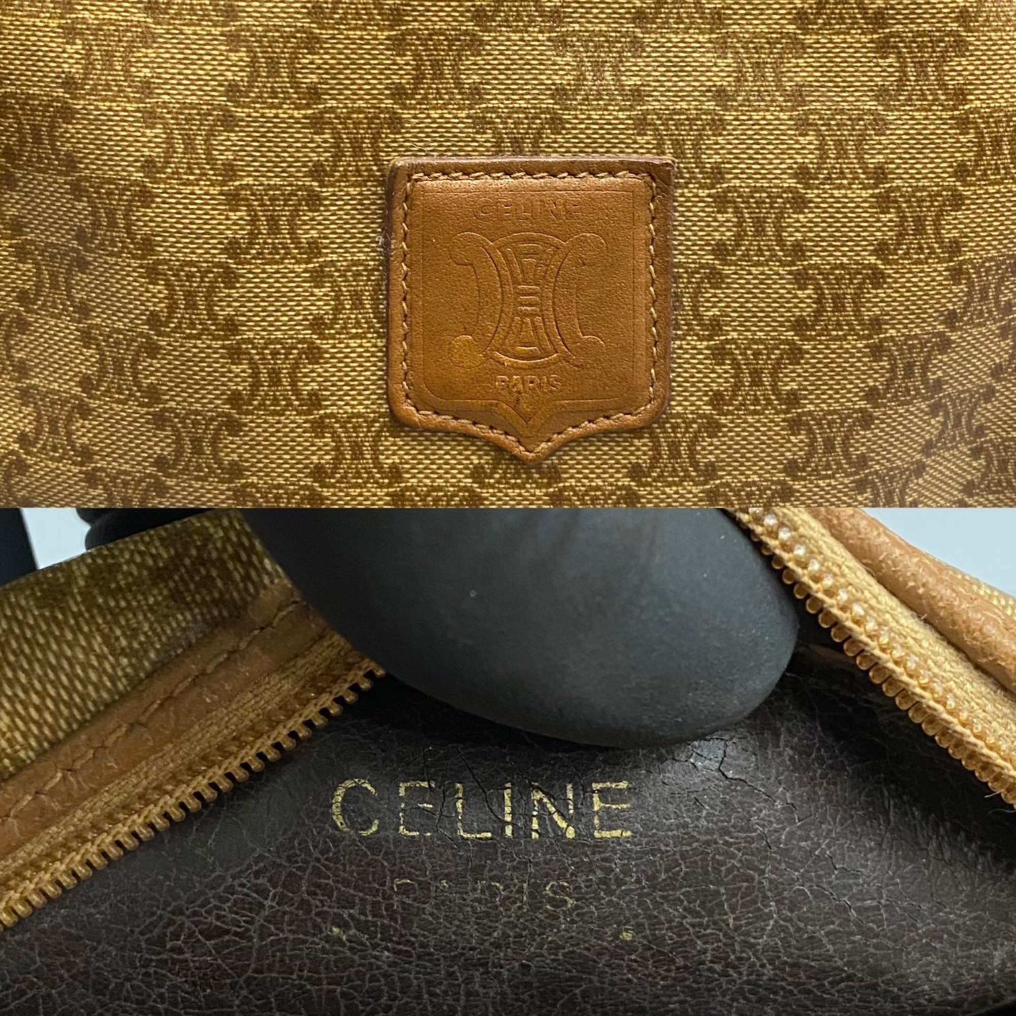 CELINE Vintage Macadam Blason Triomphe Pattern Leather Mini Shoulder Bag Pochette Beige Brown