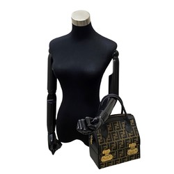 FENDI Zucca FF Logo Leather Genuine Canvas 2way Handbag Makeup Pouch Shoulder Bag Black