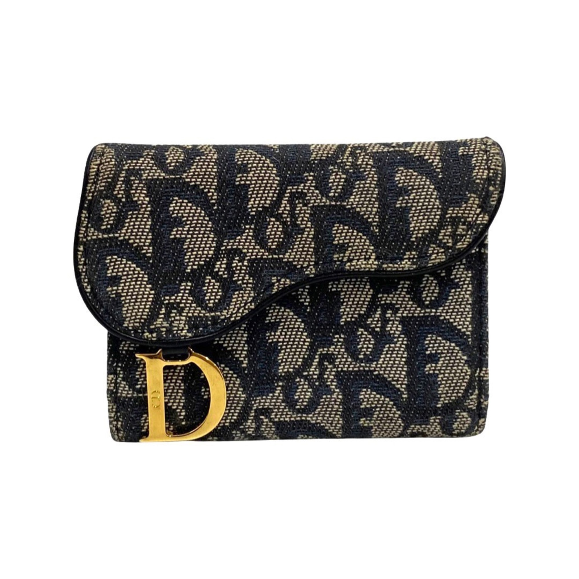 Christian Dior Trotter Pattern Logo Hardware Leather Genuine Canvas Bifold Card Case Business Holder Navy