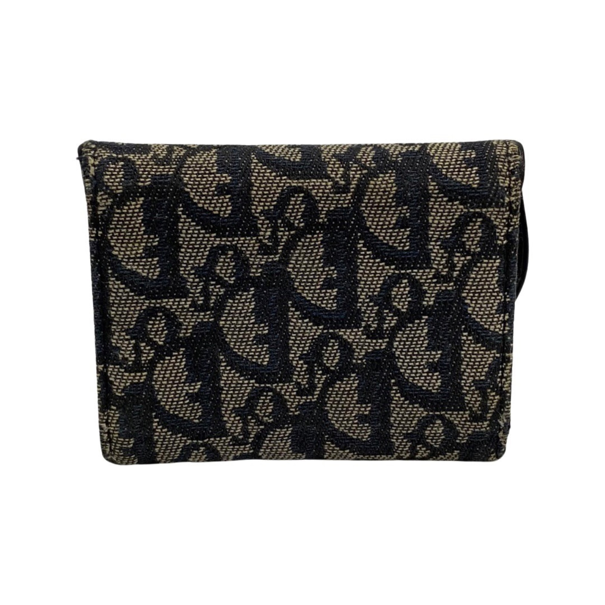 Christian Dior Trotter Pattern Logo Hardware Leather Genuine Canvas Bifold Card Case Business Holder Navy
