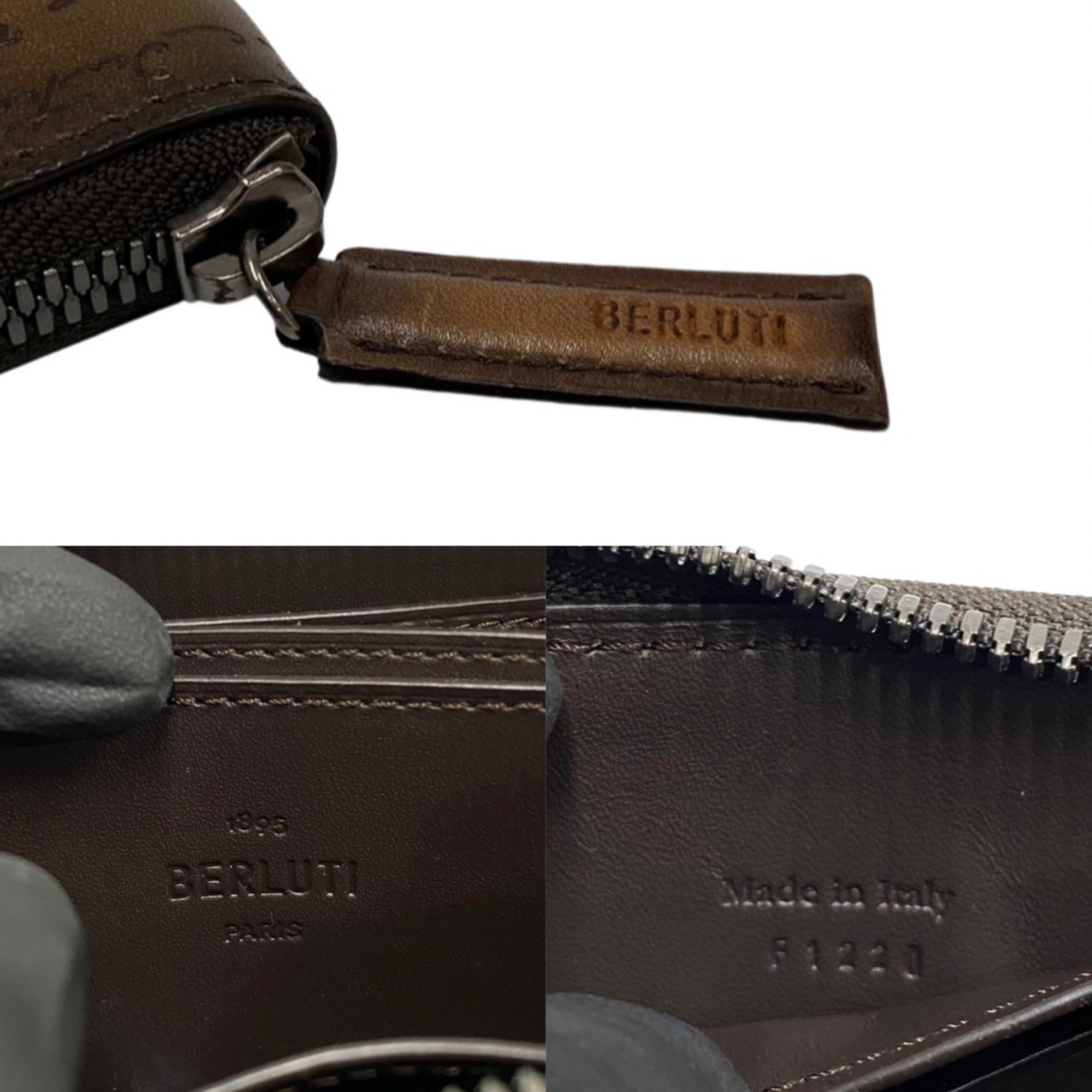 Berluti Calligraphy Leather Genuine Round Zip Bifold Coin Case Card Brown