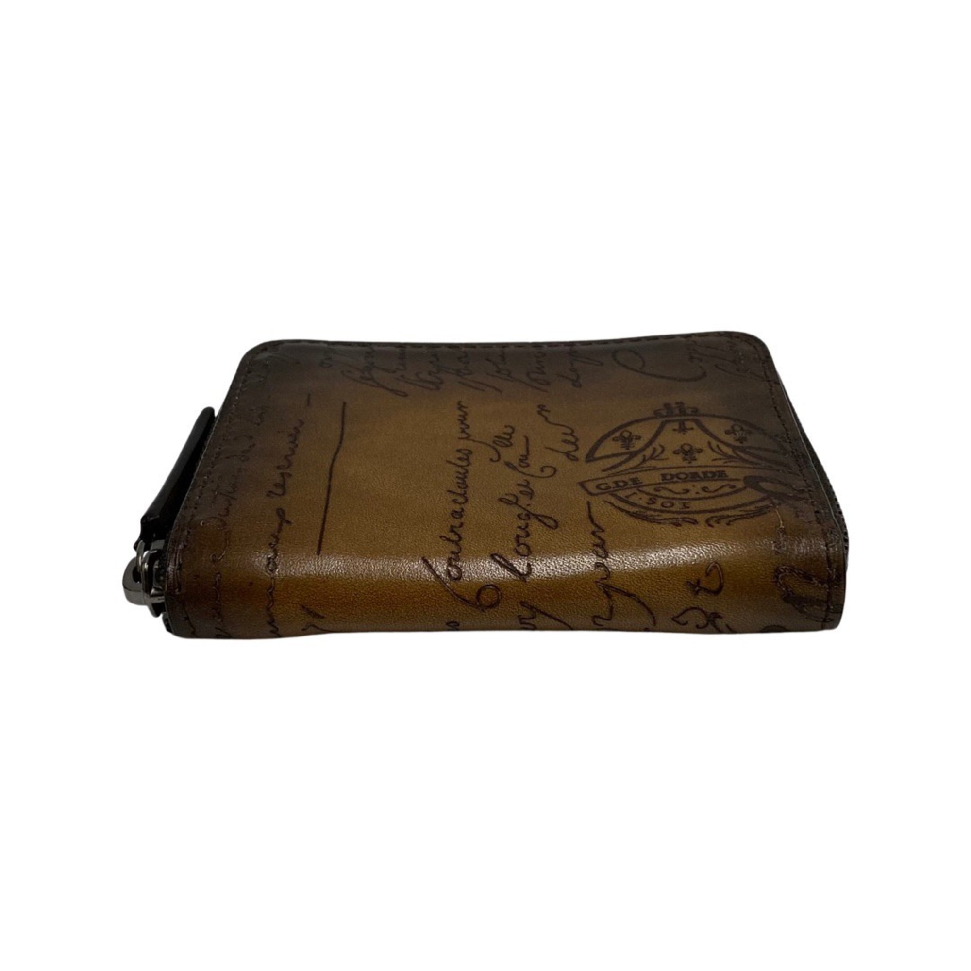 Berluti Calligraphy Leather Genuine Round Zip Bifold Coin Case Card Brown