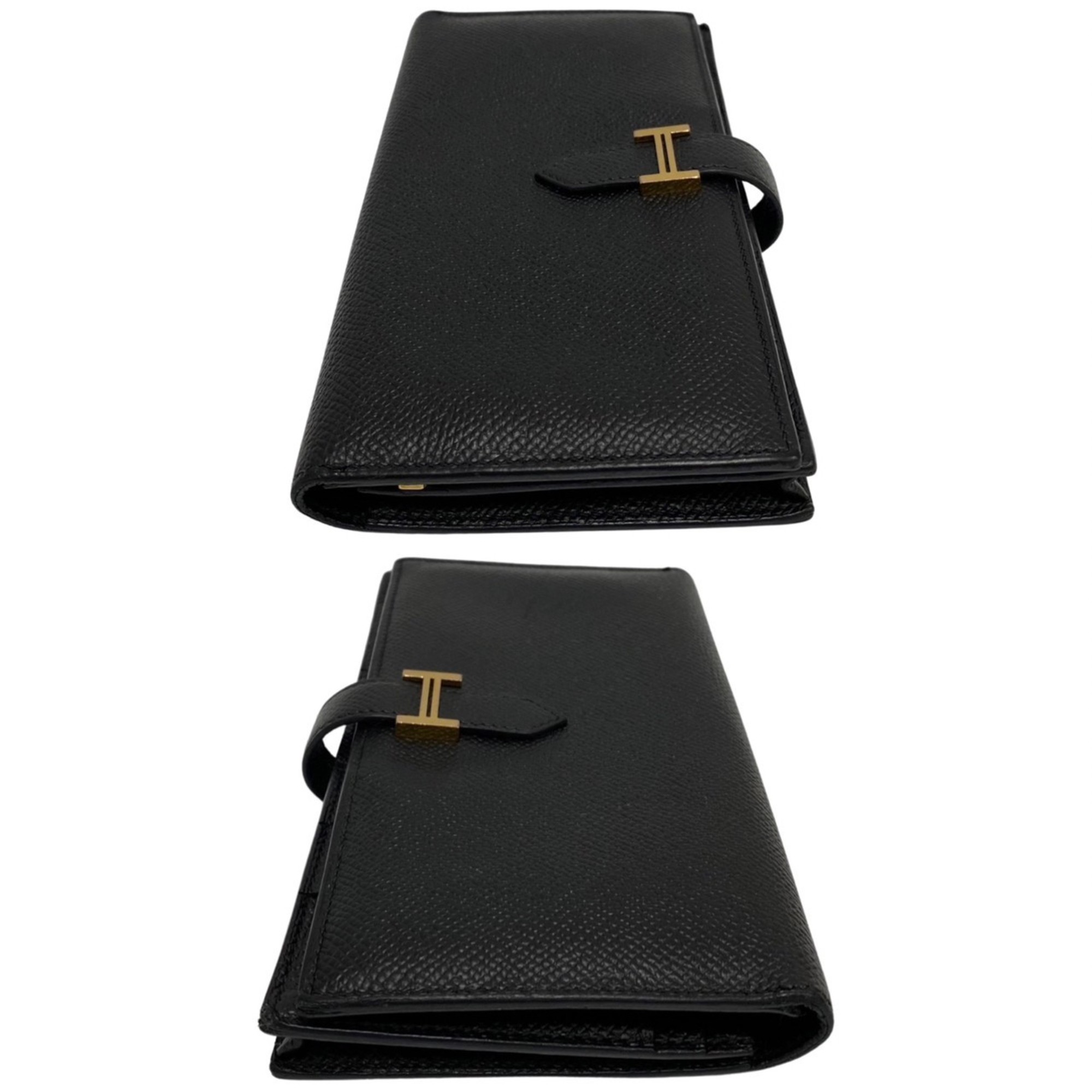 HERMES Bearn Souffle Vaux Epson Leather Genuine Bifold Long Wallet Black